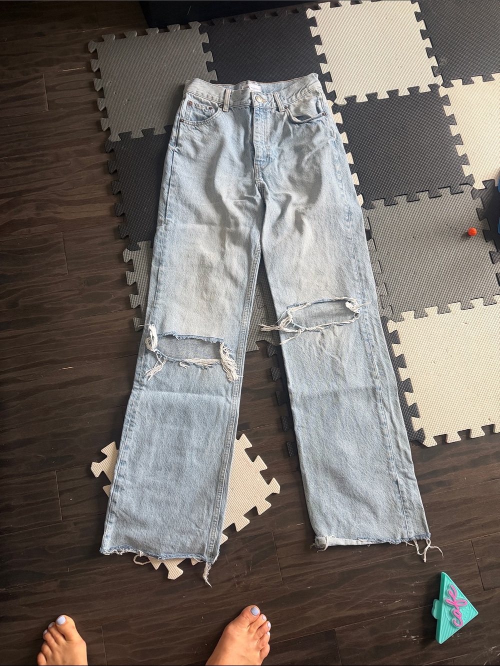 Zara Light Blue Distressed Wide-Leg Jeans